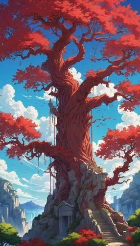 red tree,yggdrasil,flourishing tree,dragon tree,painted tree,blossom tree,magic tree,sakura tree,rosewood tree,old tree,the japanese tree,tree,tree of life,mushroom landscape,bonsai,colorful tree of life,a tree,maplestory,oak tree,red cliff,Illustration,Japanese style,Japanese Style 03