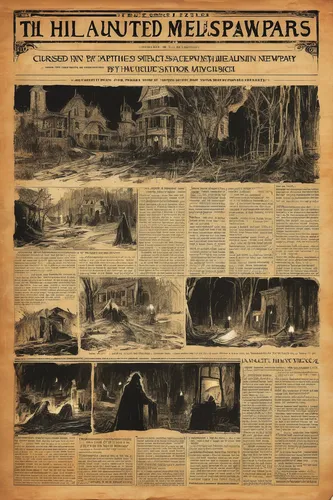 Write a horror story involving cursed articles in a haunted newspaper.,mud village,newspaper advertisements,newsprint,vintage newspaper,old newspaper,mountain lake will be,masuria,new york times journ