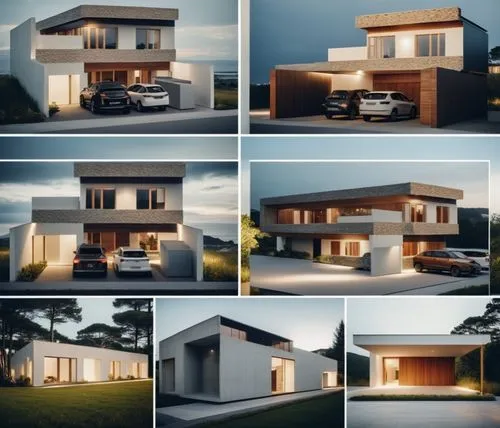 A facade of a modern house, with white walls, with stone and wood finishes, simple minimalist lines.,pos of different views of a house with car parked in the front and the back,3d rendering,houses cli