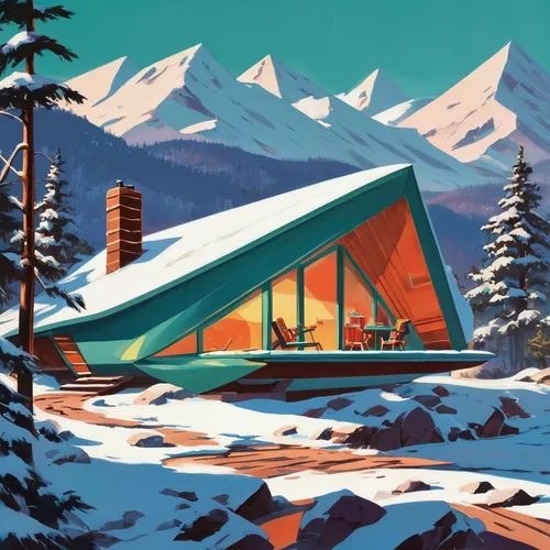 alpine hut,mountain huts,mountain hut,the cabin in the mountains,travel poster,mountain station,snow house,snow shelter,holiday home,christmas landscape,snowhotel,alpine restaurant,ski facility,ski resort,house in the mountains,winter house,house in mountains,alpine style,lodge,snow roof,Illustration,Retro,Retro 12