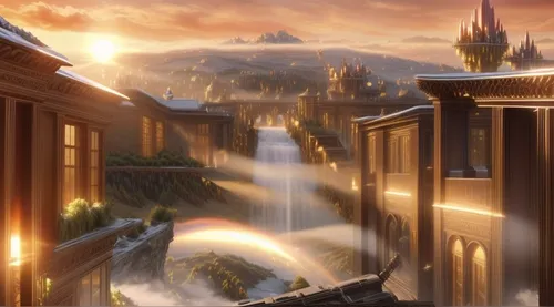 fantasy city,kings landing,ancient city,hogwarts,wasserfall,theatrical scenery,spa town,beauty scene,backgrounds,fantasy world,fantasy landscape,forbidden palace,the scenery,water falls,the valley of the,eternal city,city moat,aurora village,falls,water mist