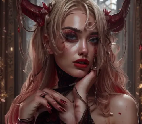 A young Women winking,a lady with large horns in a very elaborate looking room,demoness,devil,lilith,bedevil,vampire lady,vampy