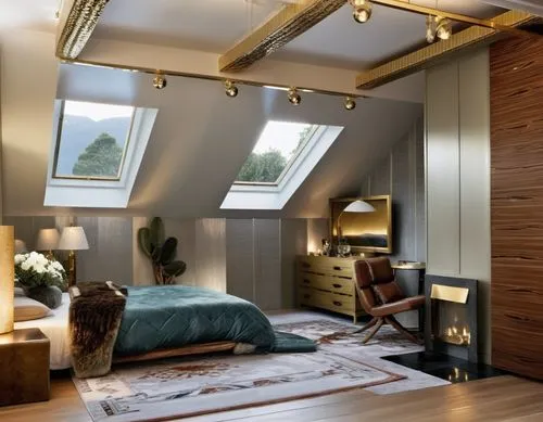 a modern looking bedroom features high ceilings, flooring and furniture,inverted cottage,velux,attic,modern room,wooden beams,loft,Photography,General,Realistic