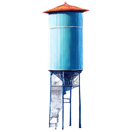 Cartoon water tower, colorful, bright blue body, white stripes, rounded shape, large water tank on top, intricate pipework, shiny metallic material, sunny day, soft focus, vibrant colors, whimsical de