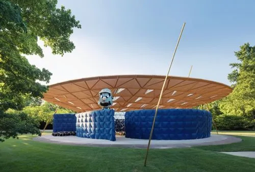 a blue structure with a man statue standing in front of it,klaus rinke's time field,acconci,insect house,gazebos,water cube,decordova,Illustration,Children,Children 02