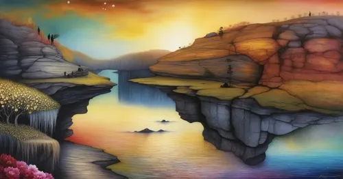 painting of a cliff landscape with people on it,fantasy landscape,zoombinis,cave on the water,rainbow bridge,chasm,underwater landscape,Illustration,Abstract Fantasy,Abstract Fantasy 14