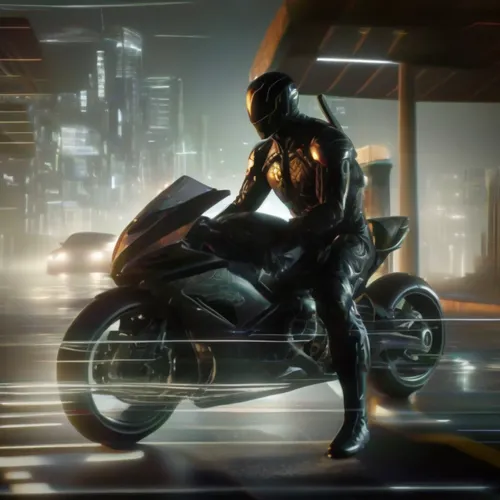 a man on a motorcycle in a futuristic city at night,motoko,black motorcycle,motorbike,motorcyclist,nightrider,motorcycle