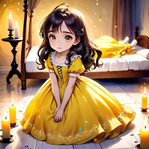 belle,little yellow,yellow bell,little princess,primrose,little girl,fairy tale character,yellow,a girl in a dress,doll dress,dressup,little girl fairy,peignoir,chibi girl,kumiko,nouaimi,dress doll,candlelight,citrina,yellow color,Anime,Anime,Cartoon