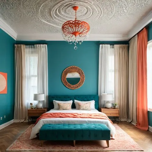 ornate room,teal and orange,interior decoration,headboards,stucco ceiling,contemporary decor,interior decor,redecorate,coffered,guest room,modern decor,decoratifs,danish room,bedchamber,wallcoverings,decors,fromental,blue room,guestroom,decortication,Illustration,Realistic Fantasy,Realistic Fantasy 12