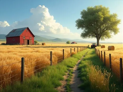 Rural farmland setting, vast open fields, golden wheat swaying gently, red barn with rusty metal roof, old wooden fence, scattered hay bales, solitary tree standing tall, few puffy white clouds in the