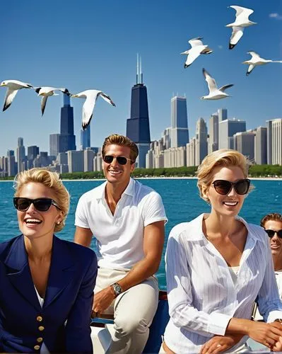 Luxury boat cruise, Chicago cityscape, daytime, sunny weather, clear blue sky, Willis Tower, Navy Pier, Lake Michigan shoreline, modern skyscrapers, sailboats, yachts, seagulls flying overhead, happy 