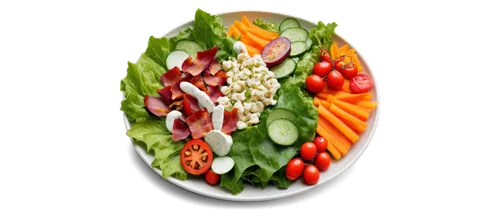 Colorful Polk salad, fresh vegetables, crispy bacon, creamy dressing, lettuce leaves, cherry tomatoes, cucumber slices, carrot sticks, croutons, circular composition, overhead shot, soft natural light