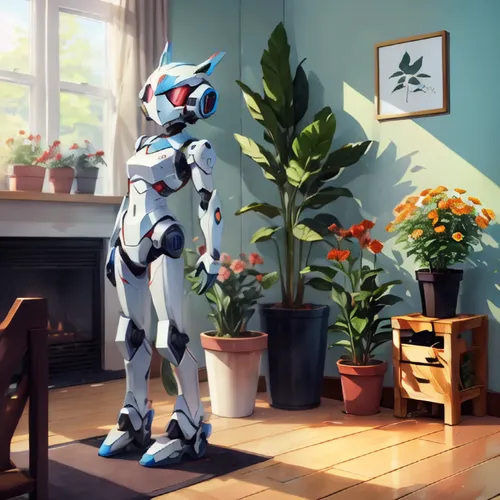 soft robot,houseplant,lawn mower robot,robotics,house plants,ikebana,mecha,bluebonnet,b3d,stitch,cg artwork,forget-me-not,mech,frame flora,floral greeting,robotic,morning light,3d render,blue room,3d figure