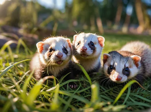 ferrets playing on the grass,mustelidae,common opossum,ferret,black-footed ferret,polecat,mustelid,small animals,virginia opossum,cute animals,opossum,three friends,mammals,coatimundi,baby rats,rodent