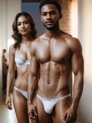 The sceneThe picture shows a man and a woman in a modern, well-lit interior. Both are wearing white underwear. The man stands in the foreground, is muscular and wears tight-fitting white underwear. Th