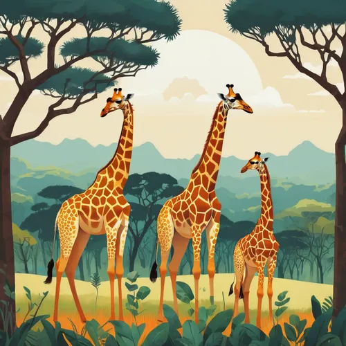 a vector illustration of a family of giraffes gently grazing on treetops. African landscapes. Rich details.,giraffes,two giraffes,giraffidae,serengeti,forest animals,giraffe,safari,tropical animals,wh