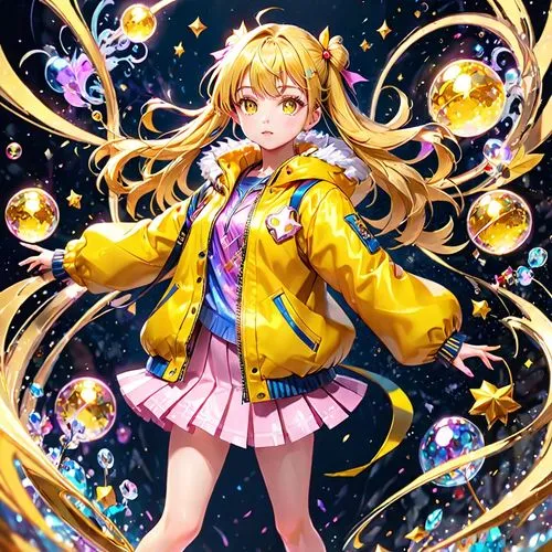 a magical girl with yellow jacket,anime character in yellow coat standing next to water,tsumugi kotobuki k-on,shinobu,cagliostro,junko,yang,sena,Anime,Anime,General