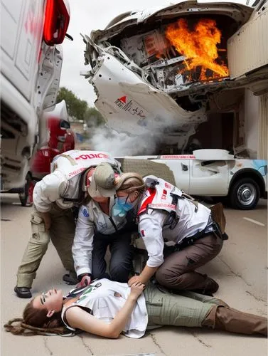 Destroyed white German Red Cross Mercedes ambulance with an injured woman in front of it.,international red cross,chemical disaster exercise,icrc,redcross,ifrc,prehospital,american red cross,red cross