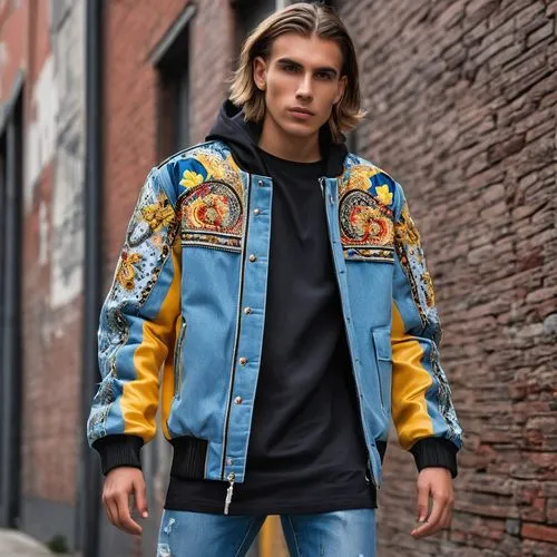 bomber,versace,denim jacket,bolero jacket,boys fashion,clover jackets,jacket,the style of the 80-ies,men's wear,jean jacket,outer,windbreaker,street fashion,yellow jacket,man's fashion,outerwear,fashion street,blue-collar,vintage clothing,east style,Photography,General,Realistic