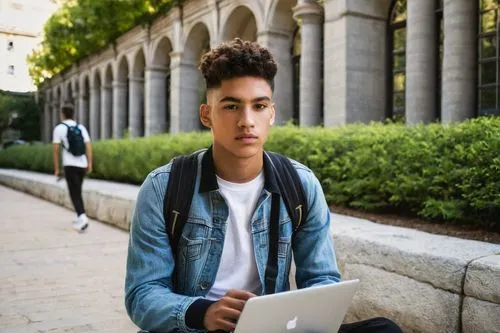 Modern university campus, classes required for architecture, male student, 20yo, casual wear, denim jacket, white shirt, dark jeans, sneakers, backpack, books and laptop, sitting on a bench, surrounde