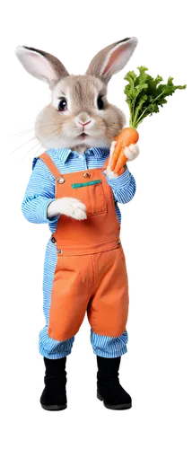 Cute rabbit, cartoon style, white fur, pink nose, big round eyes, eyelashes, whiskers, standing on hind legs, holding a carrot, orange and green stripes shirt, blue overalls, shiny black shoes, joyful