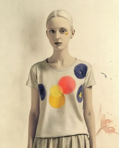 art,a  with an unusual hairdow stands in front of a wall,luminism,khnopff,tubeway,lachelier,isolated t-shirt,girl in t-shirt