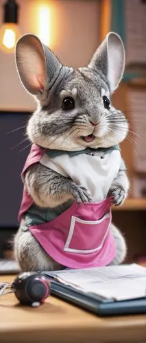 Chinchilla, Reddit alien mascot, cute, cartoonish, sitting, relaxed posture, big round eyes, grey fur, pink nose, mouth closed, whiskers, ears perked up, wearing a miniature Reddit apron, holding a ti