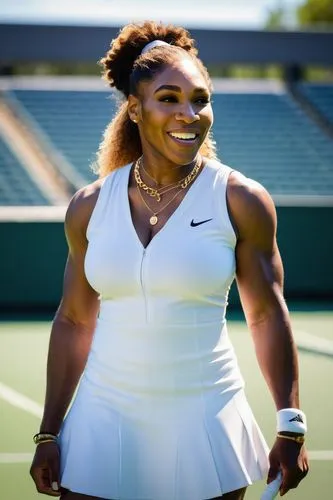 Serena Williams, tennis star, mature lady, athletic build, curly brown hair, bright smile, elegant makeup, golden necklace, sporty casual wear, white tank top, short skirt, sneakers, confident pose, s