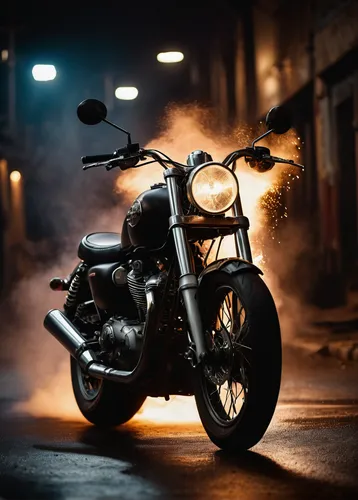 In a photography session with a dark and thrilling style, the motorcycle is surrounded by mystery and drama, with sparks flying from the rear, tires skidding, and smoke billowing from the exhaust, cap