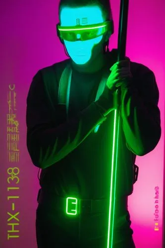 Color the drawing in post-apocalyptic, cyberpunk, vaporwave style,a man holding a green neon stick in the dark,hijiki,hilted,hilti,bangalter,hirer,halt,Photography,Artistic Photography,Artistic Photog