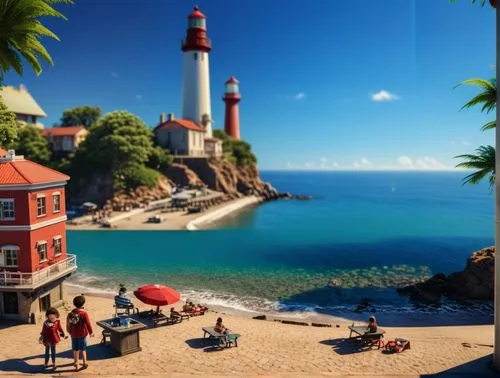 seaside resort,red lighthouse,electric lighthouse,lighthouse,beach landscape,seaside view,landscape background,digital compositing,travel insurance,seaside country,petit minou lighthouse,french digital background,3d render,background images,beautiful beaches,coastal landscape,lego background,resort town,render,summer beach umbrellas,Photography,General,Realistic