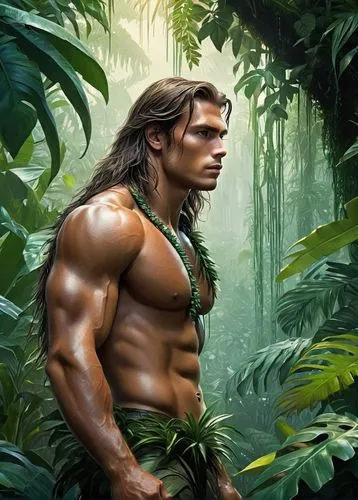 tropical island, tarzan, handsome strong young man with long hair, in animal skin, making his way through the jungle, tropical vines on all sides, dew drops on tropical flowers,,tarzan,turok,amazonian