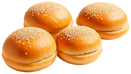 Golden hamburger buns, toasted, sesame seeds, soft texture, rounded shape, slightly torn, morning light, shallow depth of field, warm color tone, close-up shot, 1/2 composition, PNG with transparent b