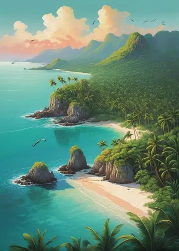 tropical sea,tropical beach,tropical island,an island far away landscape,tropics,beach landscape,islands,coastal landscape,mountain beach,dream beach,south seas,beach scenery,island,landscape background,south pacific,isle,southern island,ocean paradise,paradise beach,beautiful beaches,Illustration,American Style,American Style 15