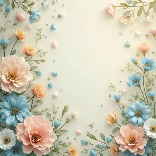 Vibrant floral patterns, soft pastel hues, warm beige tones, calming blue shades, gentle greenery, elegant gold accents, creamy white textures, natural wood elements, subtle gradient transitions, harm