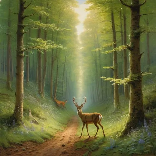 deer illustration,forest path,forest background,fantasy picture,forest road,european deer,Art,Classical Oil Painting,Classical Oil Painting 13