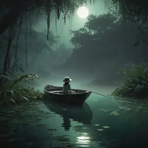 fishing float,bayou,boat landscape,backwaters,canoe,swamp,canoeing,kerala,monkey island,backwater,fantasy picture,cave on the water,vietnam,fisherman,dugout canoe,swampy landscape,canoes,row boat,adrift,frog background,Conceptual Art,Fantasy,Fantasy 33