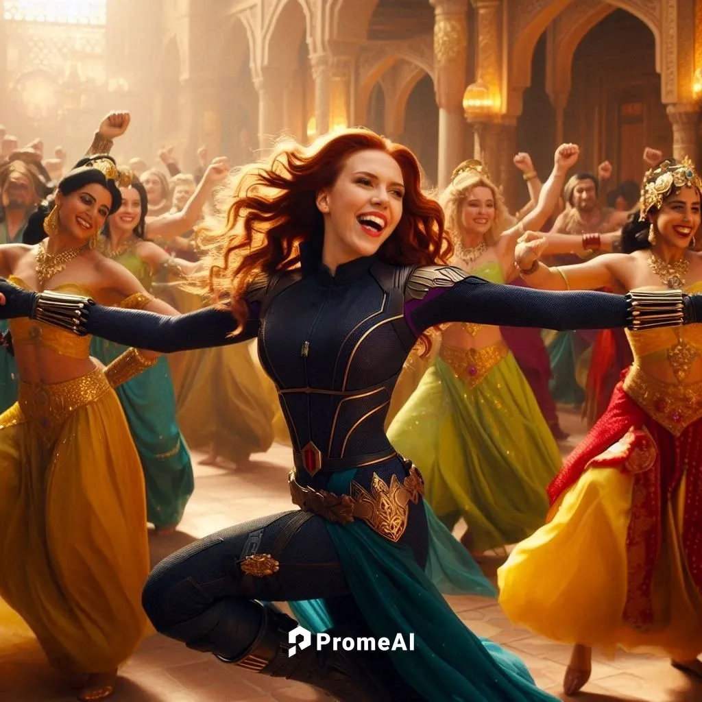 Scarlett Johansson laughing happily,merida,sprint woman,fantasia,fantasy woman,woman power,elenor power,joy,xmen,cinderella,ecstatic,female hollywood actress,baton twirling,jaya,athletic dance move,el