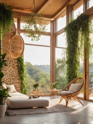 sunroom,earthship,bamboo curtain,green living,solarium,tree house hotel,natuzzi,beautiful home,chaise lounge,summer house,livingroom,summer cottage,living room,home interior,forest house,sitting room,seclude,hanging plants,verandah,summerhouse,Illustration,Realistic Fantasy,Realistic Fantasy 02