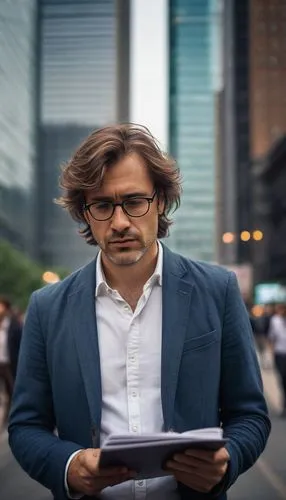 urban sociologist, middle-aged man, glasses, messy brown hair, casual blazer, white shirt, dark jeans, holding a notebook, observing, standing, city street, modern skyscraper, crowded sidewalk, divers