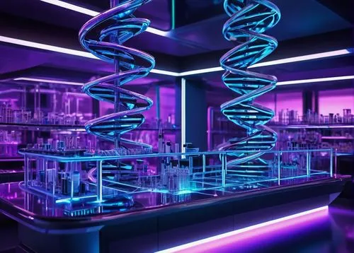 Futuristic DNA double helix structure, intricate details, metallic materials, neon lights, sleek lines, modern laboratory setting, glass tables, high-tech equipment, robotic arms, microscopes, petri d