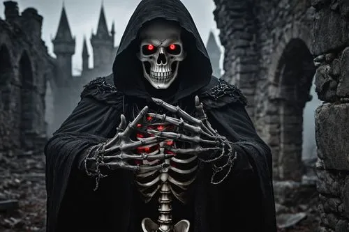 Skeleton villain, dark sorcerer, evil grin, glowing red eyes, black hooded cloak, tattered edges, bony fingers, ornate silver rings, sinister pose, dramatic lighting, spooky atmosphere, abandoned cast