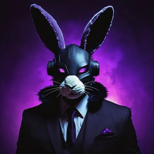 suit,dark suit,jackal,twitch icon,easter theme,thumper,easter background,easter bunny,masquerade,bunny,jack rabbit,easter easter egg,suit actor,portrait background,purple background,no ear bunny,the suit,businessman,gray hare,rabbit,Conceptual Art,Sci-Fi,Sci-Fi 01