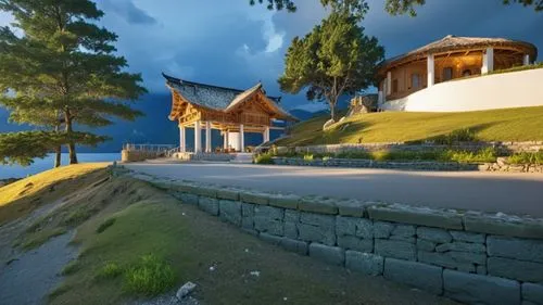 a wooden pavilion sitting in the middle of a green hillside,punakha,lukla,khaplu,bhutan,bumthang,loikaw,thimphu,lhakhang,ulun danu,dzongkhag,kalimpong,trongsa,malana,dzongkhags,ranikhet,naggar,sikkim,