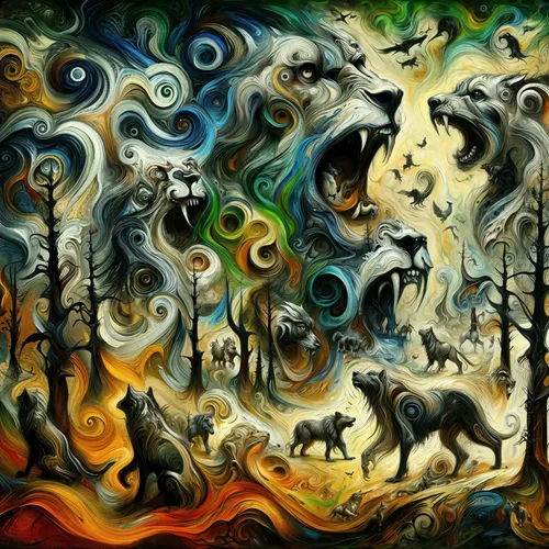 chimeras,shamanic,fantasy art,animals hunting,oil painting on canvas,abstract artwork