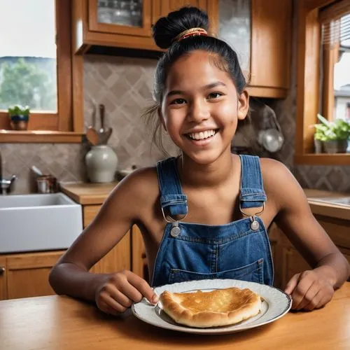 Wearing his denim overalls, a young and gleeful, dark brown skin Native American 18 years old girl sitting at the kitchen table as he is about to eat the plate of fried bread in front of him. He is ha