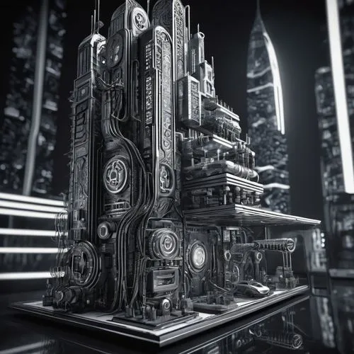 arcology,metropolis,unbuilt,cybercity,futuristic architecture,city blocks,monoliths,ancient city,3d render,coruscant,fantasy city,megastructures,black city,megacorporation,tirith,high rises,futuristic landscape,superstructures,mandelbulb,cinema 4d,Illustration,Black and White,Black and White 11