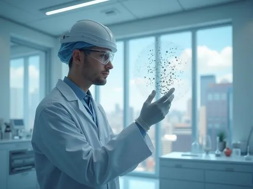 Modern laboratory setting, scientist in white coat, goggles, gloves, holding polycarbonate sample, transparent background, bright LED lighting, molecular structure visualization, futuristic equipment,