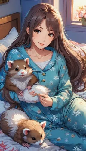 A beautiful woman with long, loose hair next to her cute ferret in bed. With this woman wearing winter pajamas
,sheltie,belldandy,siberians,pajama,pyjama,pajamas,bingqian,hedgehogs hibernate,longmei,g