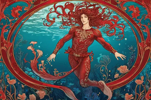 rusalka,merfolk,sea god,god of the sea,the zodiac sign pisces,amano,little mermaid,scarlet sail,under the sea,cnidaria,deep coral,ariel,merman,medusa,red sea,sea horse,mermaid,mermaid background,perseus,sea man,Illustration,Retro,Retro 13